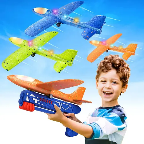 Outdoor games children's glider flying foam airplane handheld shooting gun model shooting flying cyclotron toy with light