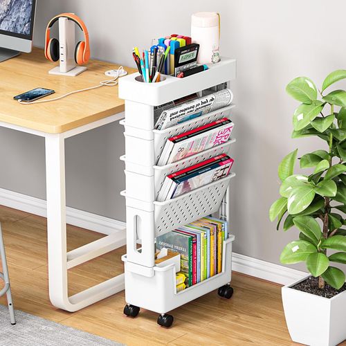 Organizador de arquivos de mesa de metal com 5 camadas e rodas para artigos de escritório, estante para armazenamento de revistas, para escola, sala de aula e casa 复制