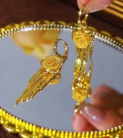 French-style high-end luxury rose tassel earrings