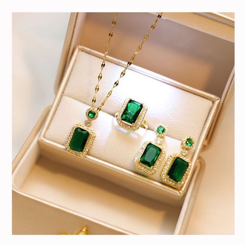 Luxury Women's 18K Gold Stainless Steel Geometric Crystal Jewelry Set Includes Emerald Zircon Pendant Necklace and Earrings