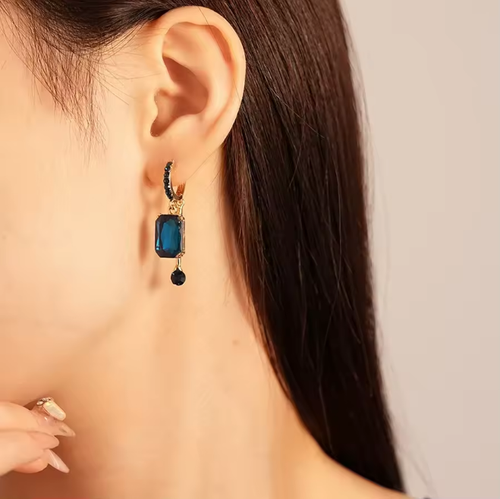 Blue square crystal earrings, light luxury, high-end niche unique earrings