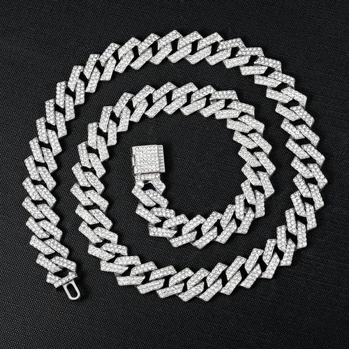 Hip-hop watch with sugar-cube bracelet and cross necklace, diamond-accented dial, quartz movement