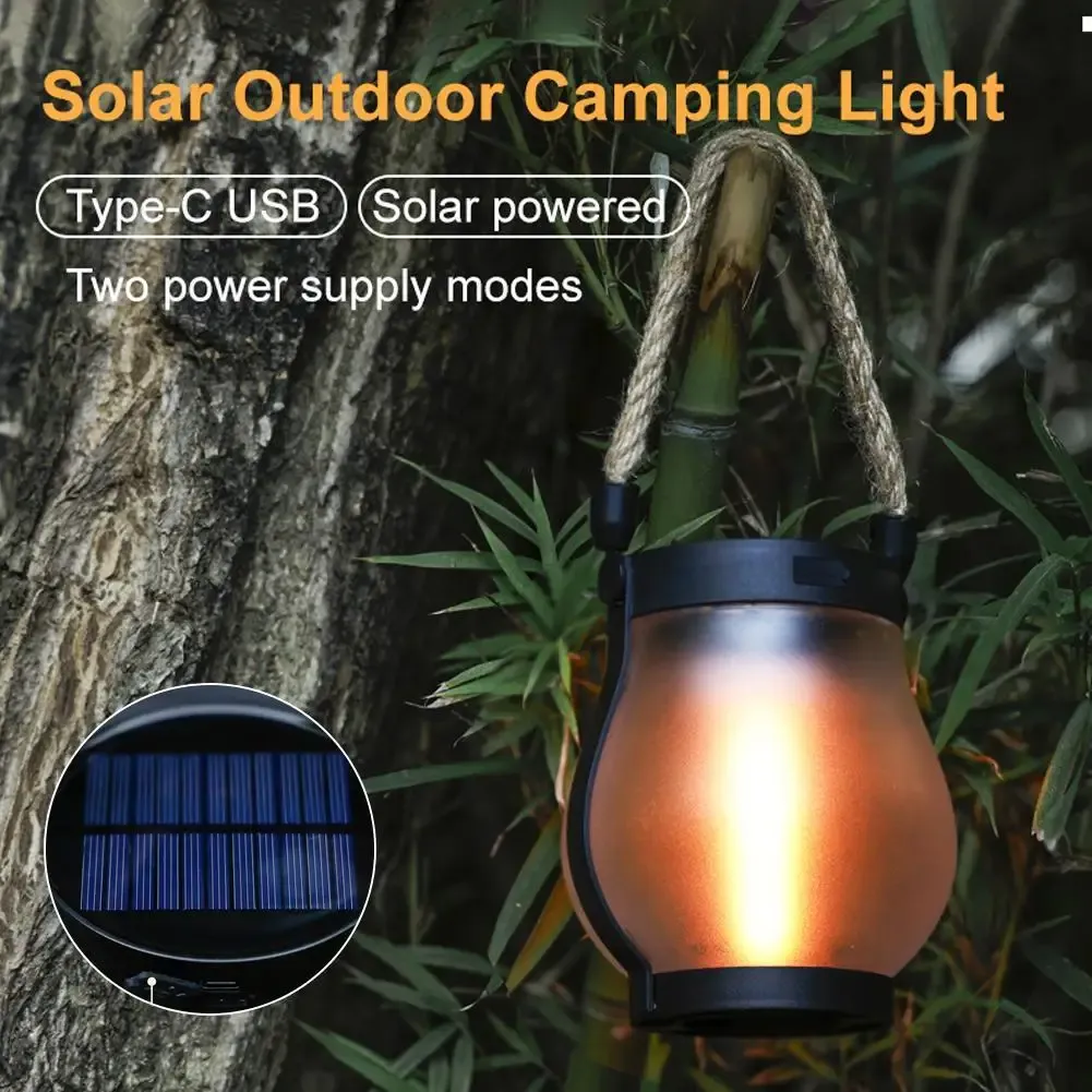 Solar Jute Flame Light USB Rechargeable Outdoor Courtyard Home Decoration Light Multi-Functional Waterproof Hanging Lamp