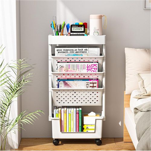 Organizador de arquivos de mesa de metal com 5 camadas e rodas para artigos de escritório, estante para armazenamento de revistas, para escola, sala de aula e casa 复制