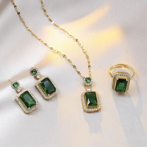 Luxury Women's 18K Gold Stainless Steel Geometric Crystal Jewelry Set Includes Emerald Zircon Pendant Necklace and Earrings