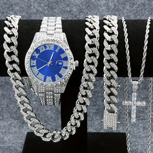 Fashionable Hip-hop Watch Set Diamond-encrusted Bracelet Necklace Quartz Wristwatch with Large Dial Set
