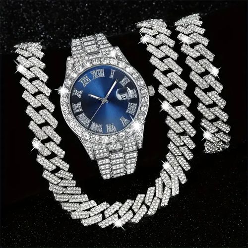 Fashionable Hip-hop Watch Set Diamond-encrusted Bracelet Necklace Quartz Wristwatch with Large Dial Set