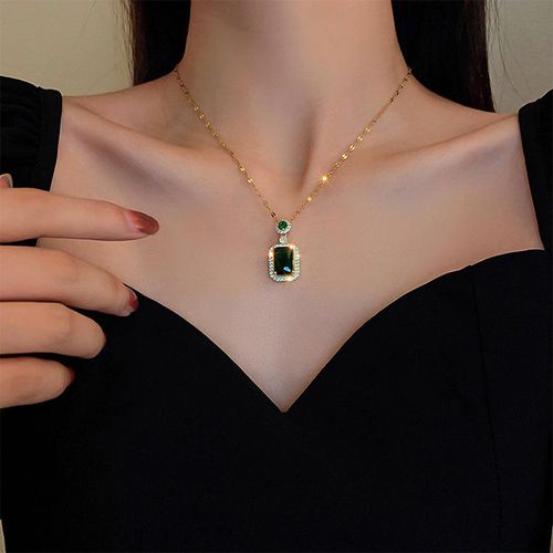 Stainless Steel Chain Emerald Zircon Necklace Set with Rhinestone Earrings and Necklace, Women's Jewelry Set