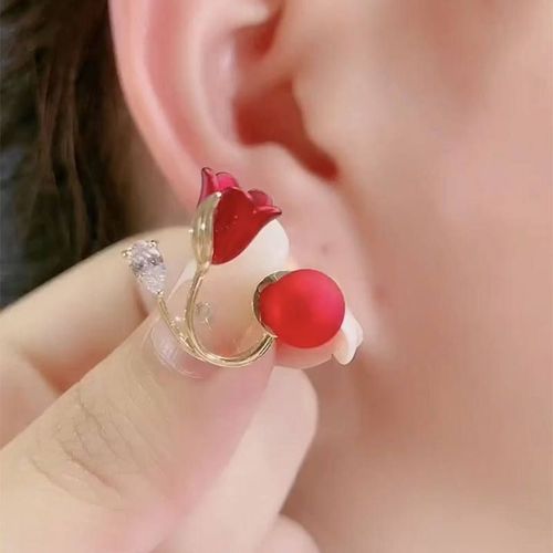 Fashion New Style Red Color Tulip Flower Earrings for Women Versatile Temperament Sweet Earrings