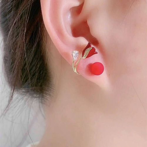 Fashion New Style Red Color Tulip Flower Earrings for Women Versatile Temperament Sweet Earrings