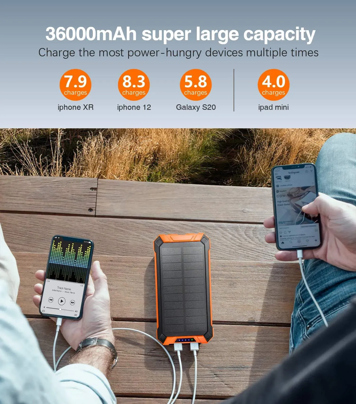 Multifunctional waterproof mobile solar power bank, wireless solar mobile fast charger, portable mobile power bank
