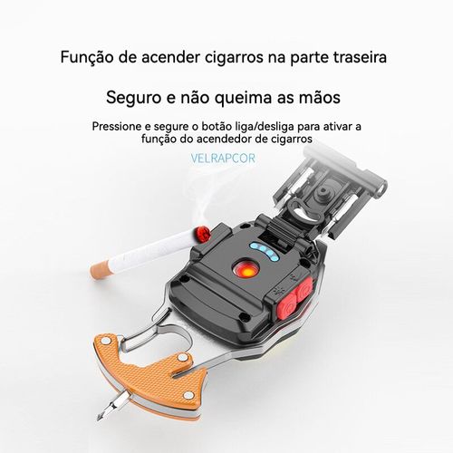 Lanterna multifuncional ultrabrilhante para chaveiro com iluminação em três cores, luz de aviso, isqueiro, abridor de garrafas, chave de fendas, cortador e apito de sobrevivência.
