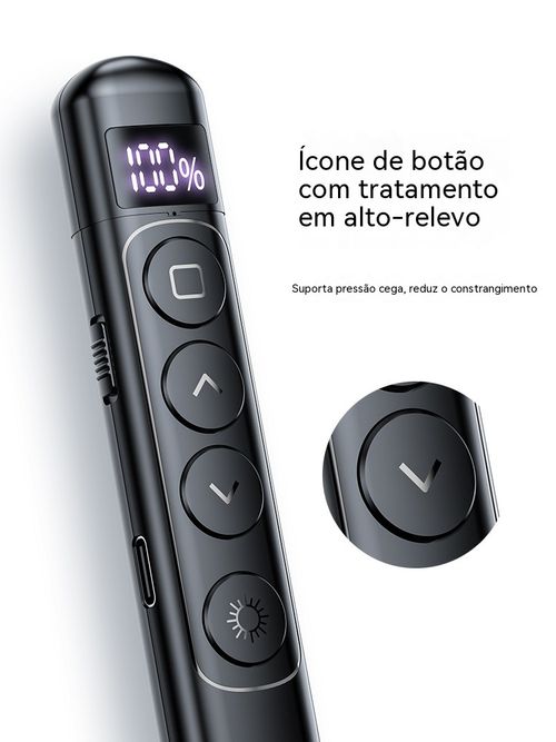 Apresentador laser multifuncional, alcance de controlo de 100 metros, com visor digital de bateria. Ideal para palestras, reuniões e aulas.
