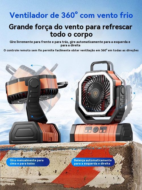 Ventilador multifuncional para exterior, com vento, iluminação e carregamento. Pode ser levado na mão ou pendurado conforme desejar. Acompanha‑o em noites frescas e agradáveis.