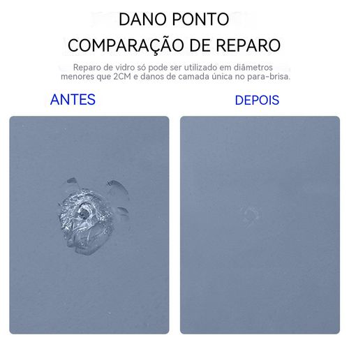 Líquido de reparação para para-brisas. Fácil de usar, repara sem deixar marcas. Indicado para vidros de automóveis e vidros domésticos.