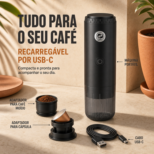 Máquina de Café Portátil com Bateria,Faça café quente, forte e com espuma cremosa onde estiver. Coloque café moído ou uma cápsula, adicione água e pressione o botão. A máquina pode aquecer a água e preparar o café sem estar ligada à tomada. Tem bateria recarregável e cabo USB-C. É pequena, fácil de usar e cabe na mochila. Ideal para casa, trabalho, carro, praia e viagem.