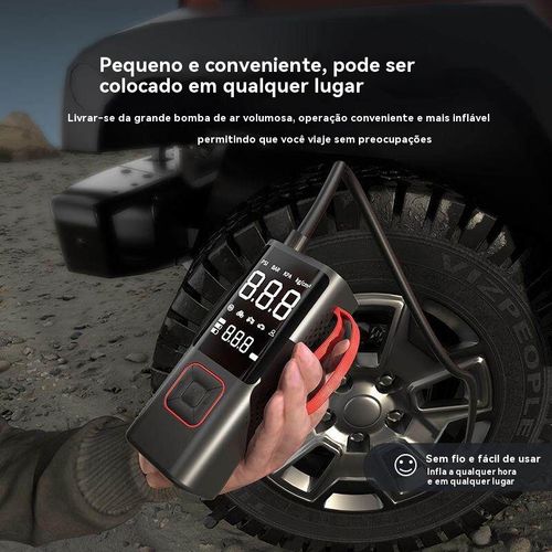 É bomba de ar e carregador portátil ao mesmo tempo. Pequeno e fácil de transportar. Não tem medo de estradas más.