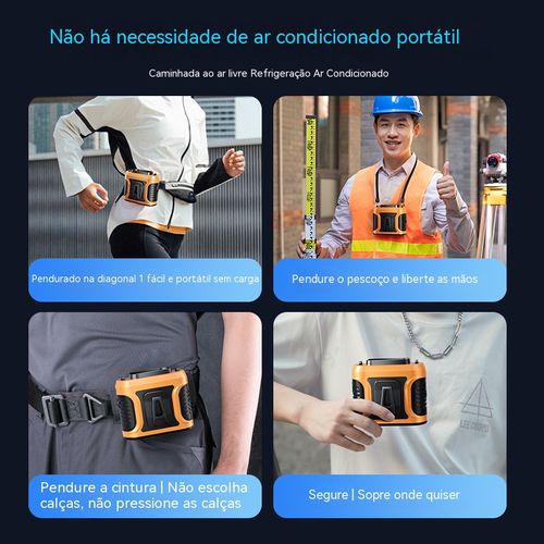 Ventilador de cintura que refresca onde quer que vá, carrega o telemóvel e tem luz forte. Muito prático.