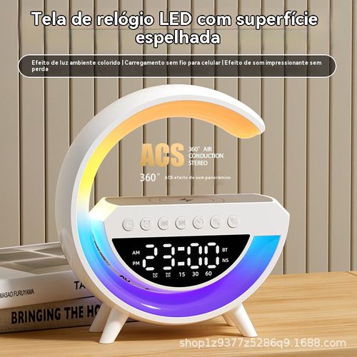 É um coluna e um carregador ao mesmo tempo. Com luzes coloridas estilo G, transforma seu quarto num espaço de festa elegante em segundos.