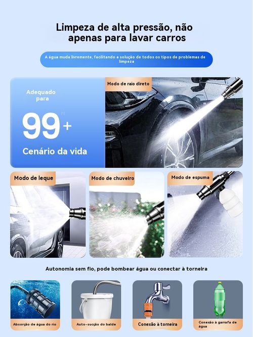 Pistola de água portátil sem necessidade de fonte de água nem energia elétrica, ideal para lavar carro, regar plantas, limpar chão e janelas. Muito prática.