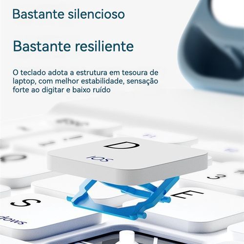 Teclado portátil sem fios Bluetooth, compatível com telemóveis e tablets, suporta vários sistemas operativos.