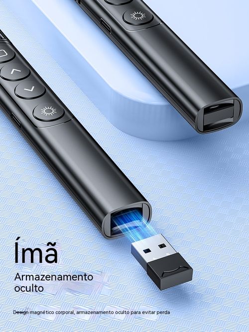 Apresentador laser multifuncional, alcance de controlo de 100 metros, com visor digital de bateria. Ideal para palestras, reuniões e aulas.