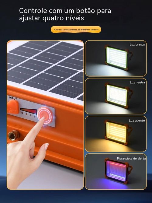 Luz solar para exterior, carrega telemóveis, pode ser fixada ou pendurada. Essencial para casa, camping e vendas ambulantes!