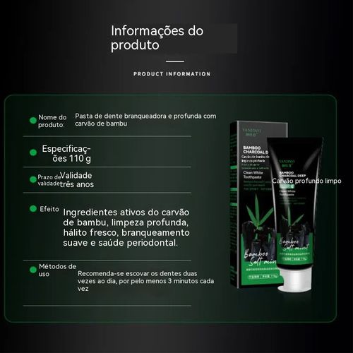 Pasta de dentes com carvão vegetal natural, absorção profunda, elimina o amarelecimento e manchas dentárias, deixando você sorrir com confiança.