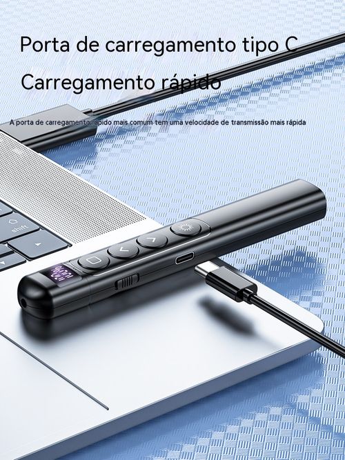 Apresentador laser multifuncional, alcance de controlo de 100 metros, com visor digital de bateria. Ideal para palestras, reuniões e aulas.