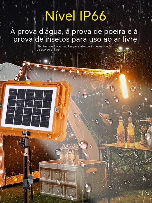 Luz solar para exterior, carrega telemóveis, pode ser fixada ou pendurada. Essencial para casa, camping e vendas ambulantes!