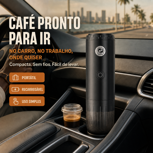 Máquina de Café Portátil com Bateria,Faça café quente, forte e com espuma cremosa onde estiver. Coloque café moído ou uma cápsula, adicione água e pressione o botão. A máquina pode aquecer a água e preparar o café sem estar ligada à tomada. Tem bateria recarregável e cabo USB-C. É pequena, fácil de usar e cabe na mochila. Ideal para casa, trabalho, carro, praia e viagem.