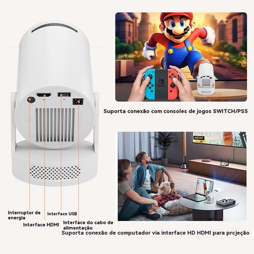 Novo projetor HD de alta definição: 180° de rotação para projetar no teto, desfrute de um cinema particular de 100 polegadas deitado