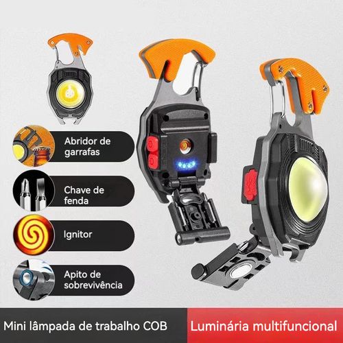 Lanterna multifuncional ultrabrilhante para chaveiro com iluminação em três cores, luz de aviso, isqueiro, abridor de garrafas, chave de fendas, cortador e apito de sobrevivência.