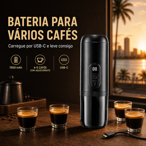 Máquina de Café Espresso Portátil com Aquecimento,Tenha café quente onde estiver, sem precisar de tomada. Coloque café moído ou cápsula, adicione água e carregue no botão. A máquina aquece a água e prepara o espresso automaticamente. A pressão de 20 bar tira mais sabor e uma crema mais densa. A bateria de 7800 mAh prepara cerca de 4–5 cafés aquecendo a água. Compacta, fácil de levar e recarregável por USB-C. Ideal para casa, carro, trabalho e viagem.