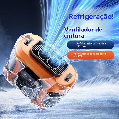 Ventilador de cintura que refresca onde quer que vá, carrega o telemóvel e tem luz forte. Muito prático.