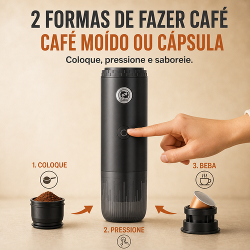Máquina de Café Portátil com Bateria,Faça café quente, forte e com espuma cremosa onde estiver. Coloque café moído ou uma cápsula, adicione água e pressione o botão. A máquina pode aquecer a água e preparar o café sem estar ligada à tomada. Tem bateria recarregável e cabo USB-C. É pequena, fácil de usar e cabe na mochila. Ideal para casa, trabalho, carro, praia e viagem.