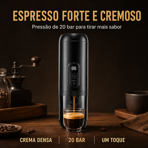 Máquina de Café Espresso Portátil com Aquecimento,Tenha café quente onde estiver, sem precisar de tomada. Coloque café moído ou cápsula, adicione água e carregue no botão. A máquina aquece a água e prepara o espresso automaticamente. A pressão de 20 bar tira mais sabor e uma crema mais densa. A bateria de 7800 mAh prepara cerca de 4–5 cafés aquecendo a água. Compacta, fácil de levar e recarregável por USB-C. Ideal para casa, carro, trabalho e viagem.