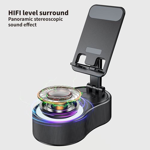 É uma coluna Bluetooth com som estéreo envolvente + carregador portátil + luzes de ambiente coloridas + suporte para telemóvel rotativo a 360°. Perfeito para ver séries e ouvir música.