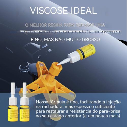 Líquido de reparação para para-brisas. Fácil de usar, repara sem deixar marcas. Indicado para vidros de automóveis e vidros domésticos.