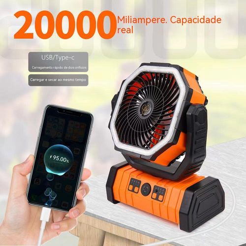 Ventilador multifuncional para exterior, com vento, iluminação e carregamento. Pode ser levado na mão ou pendurado conforme desejar. Acompanha‑o em noites frescas e agradáveis.