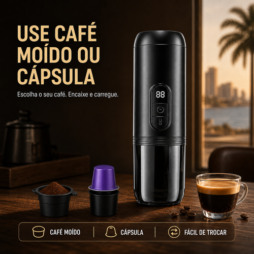 Máquina de Café Espresso Portátil com Aquecimento,Tenha café quente onde estiver, sem precisar de tomada. Coloque café moído ou cápsula, adicione água e carregue no botão. A máquina aquece a água e prepara o espresso automaticamente. A pressão de 20 bar tira mais sabor e uma crema mais densa. A bateria de 7800 mAh prepara cerca de 4–5 cafés aquecendo a água. Compacta, fácil de levar e recarregável por USB-C. Ideal para casa, carro, trabalho e viagem.