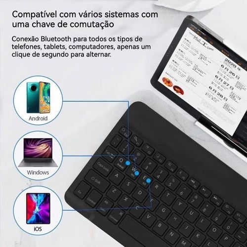 Teclado portátil sem fios Bluetooth, compatível com telemóveis e tablets, suporta vários sistemas operativos.