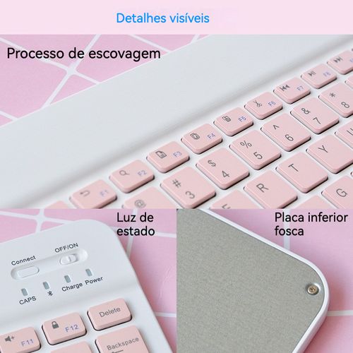 Teclado portátil sem fios Bluetooth, compatível com telemóveis e tablets, suporta vários sistemas operativos.