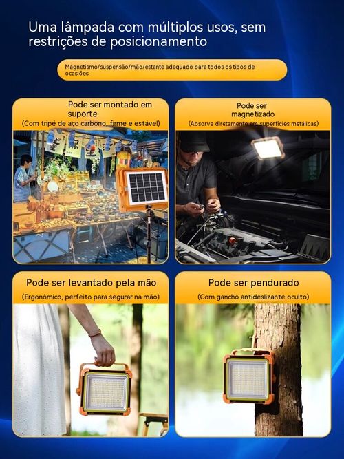 Luz solar para exterior, carrega telemóveis, pode ser fixada ou pendurada. Essencial para casa, camping e vendas ambulantes!