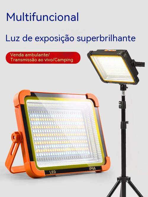 Luz solar para exterior, carrega telemóveis, pode ser fixada ou pendurada. Essencial para casa, camping e vendas ambulantes!