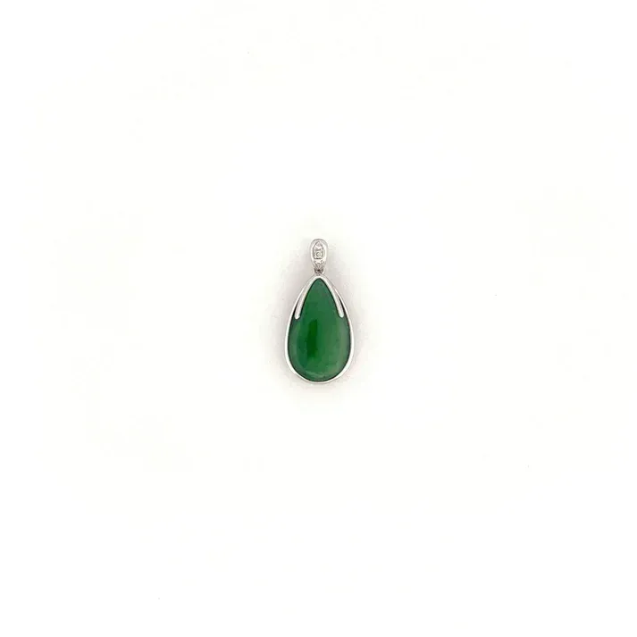 Jade Pendant - Green Colored Drop Shaped Translucent Iced Jadeite Jade Cabochon Mounted 18K White Gold Setting with Rounded Diamonds 0.015 cts