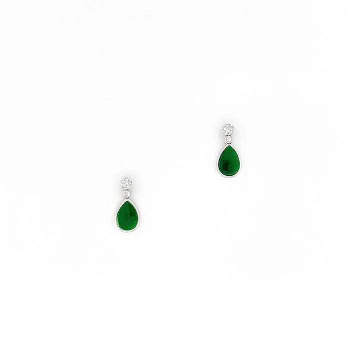 Jade Earring - Green Colored Drop Shaped Jadeite Jade Cabochon mounted 18K White Gold Setting with Rounded Diamonds 0.07 cts