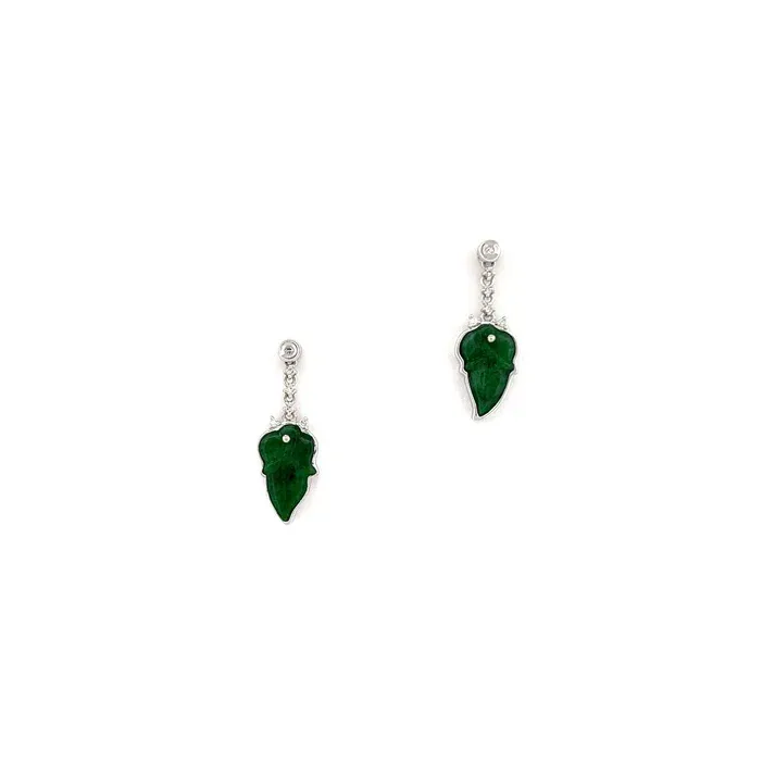 Jade Earring - Deep Green Colored Saddle Shaped Jadeite Jade Carved mounted 18K White Gold Setting with Rounded Diamonds 0.06 cts