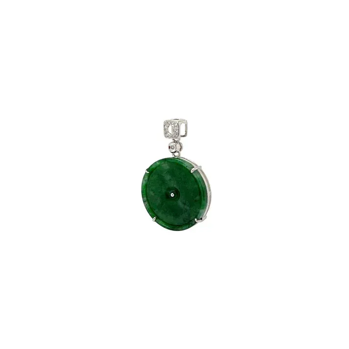 Jade Pendant - Imperial Green Colored Rounded Shaped Jadeite Jade Carved Mounted 18K White Gold Setting with Rounded Diamonds 0.041 cts