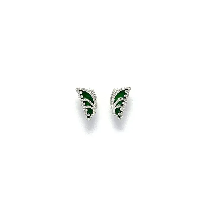 Jade Earring - Imperial Green Colored Butterfly Shaped Jadeite Jade Carved mounted 18K White Gold Setting with Rounded Diamonds 0.366 cts